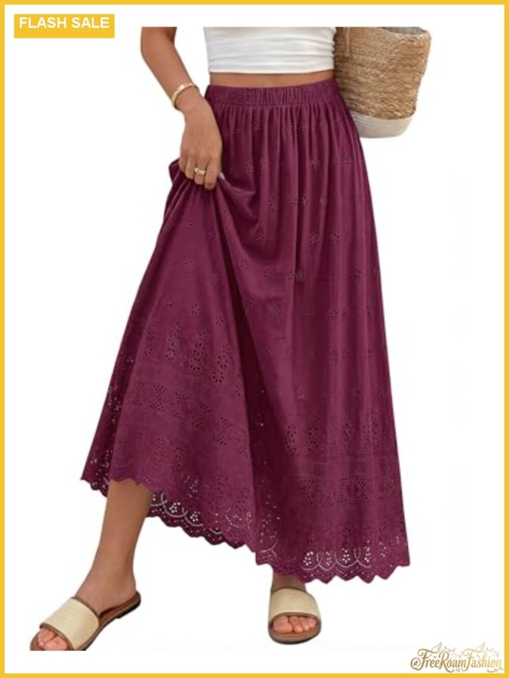 Boho Eyelet A-Line Cotton Flowy Maxi Skirt High Waisted